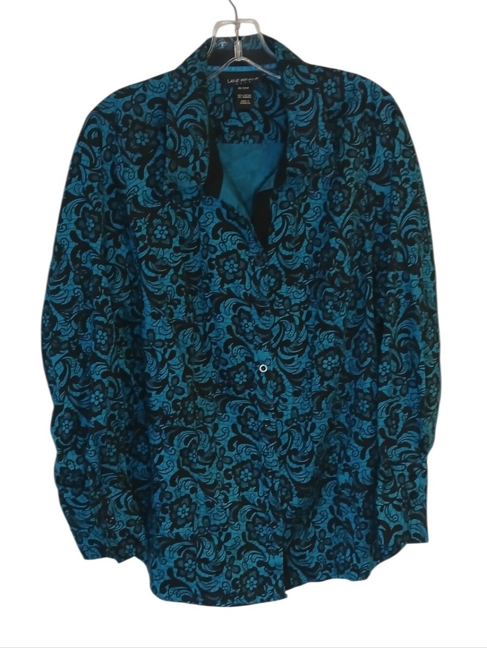 Lane Bryant Teal And Black Floral Lace Print Button-down Blouse Size 18/20W